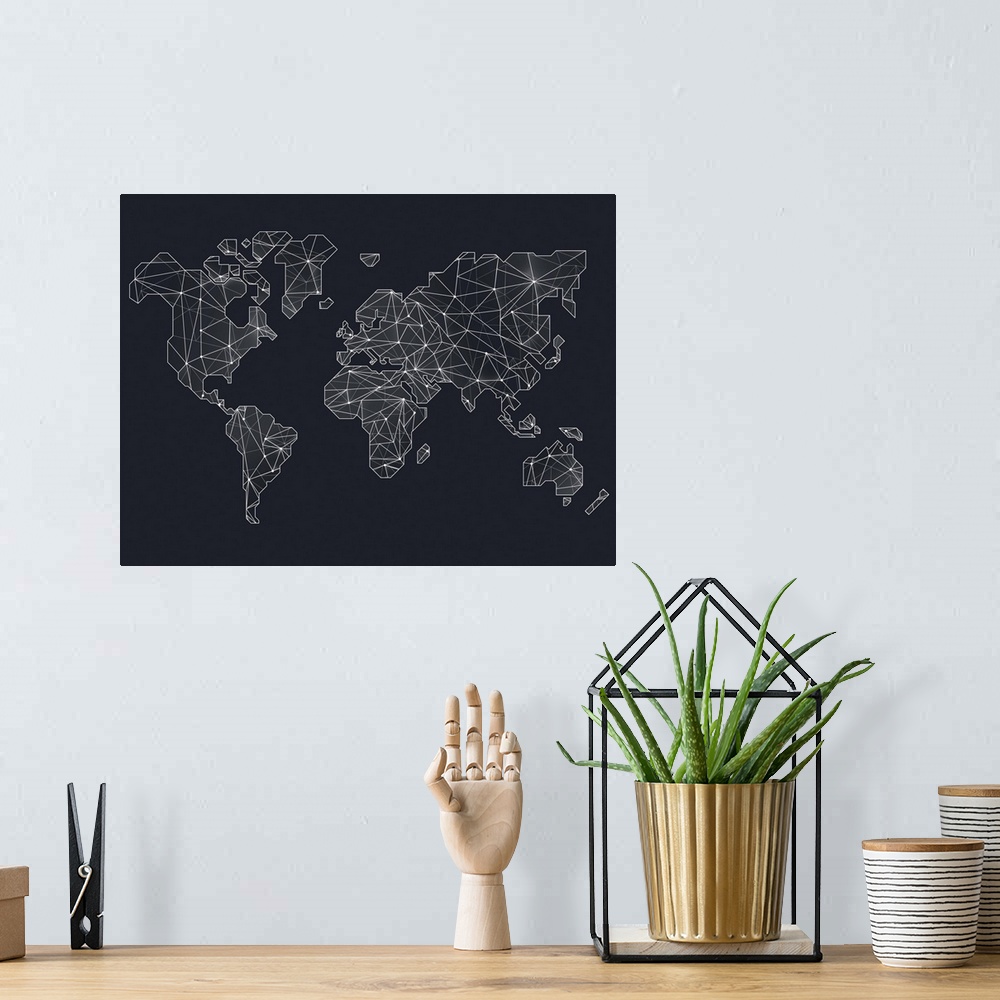 A bohemian room featuring Contemporary world map artwork made from wire.