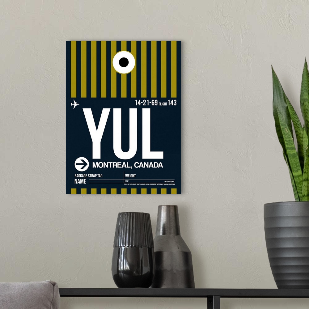 A modern room featuring YUL Montreal Luggage Tag I