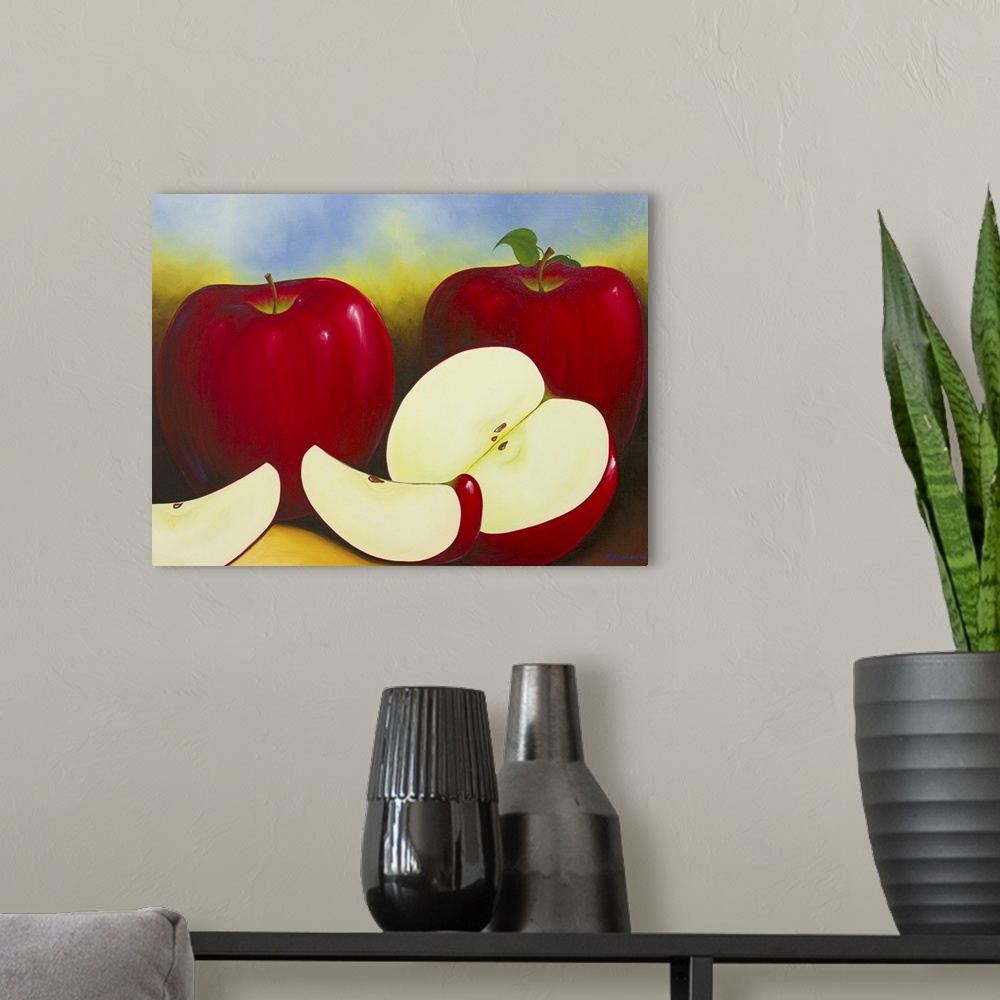 A modern room featuring Luscious red apples sit before a background of dappled blue. Realistically depicted, freshly cut ...