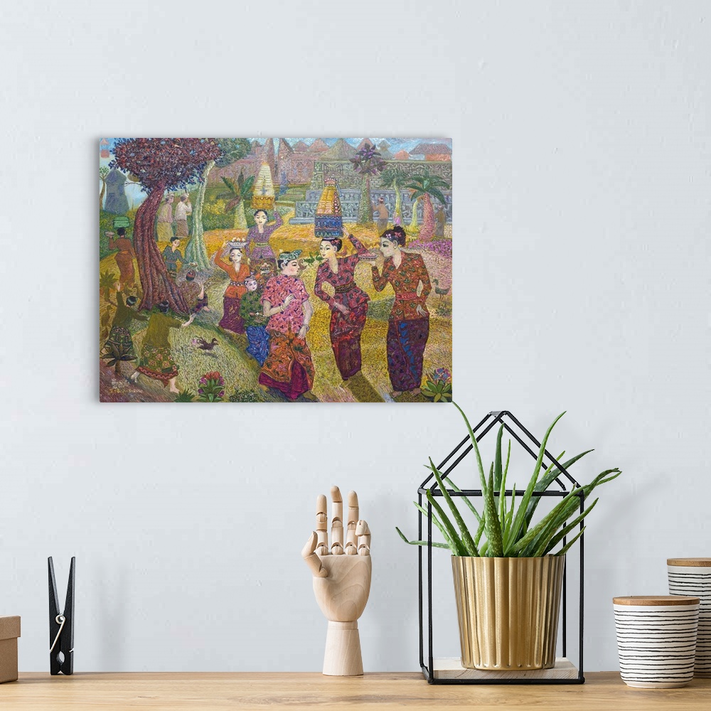 A bohemian room featuring Made Surita captures beautifully dressed women who hurry toward the temple to worship. The offeri...