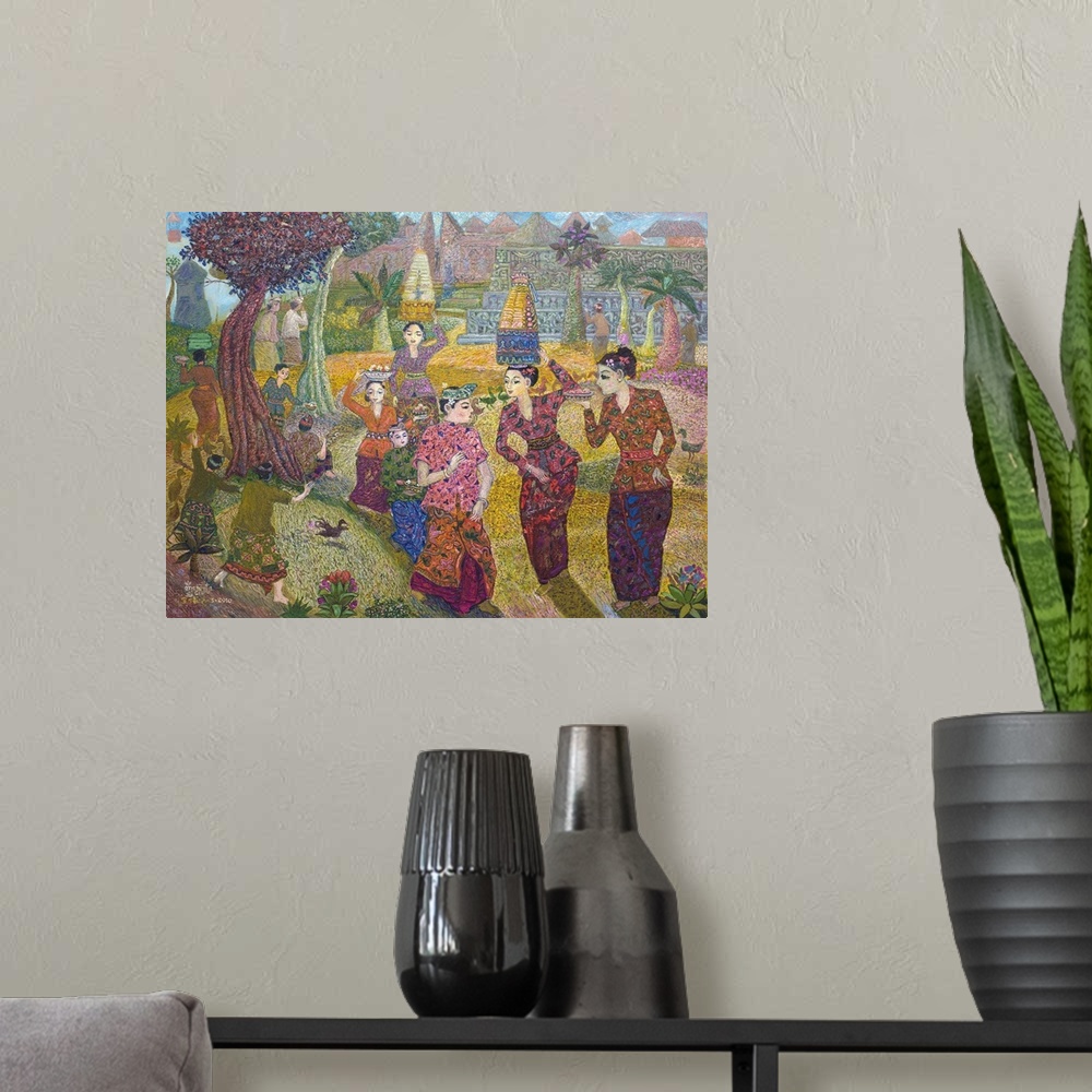 A modern room featuring Made Surita captures beautifully dressed women who hurry toward the temple to worship. The offeri...