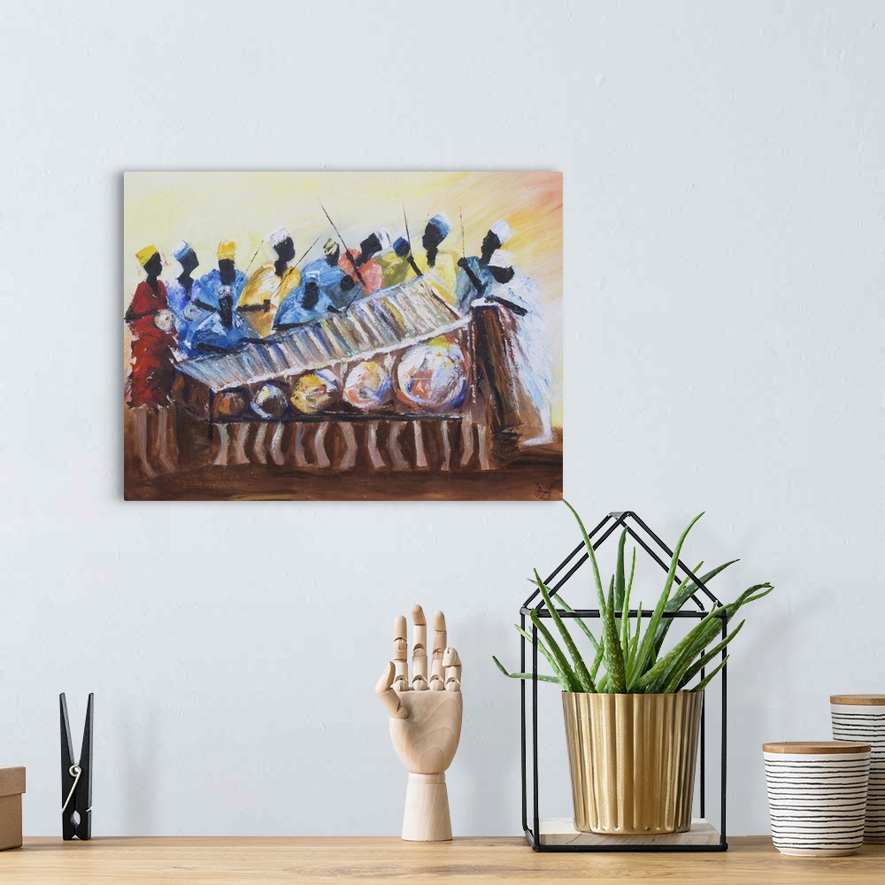 A bohemian room featuring Marking the rhythm for a xylophone melody, men stand behind beating drums. All is color and movem...
