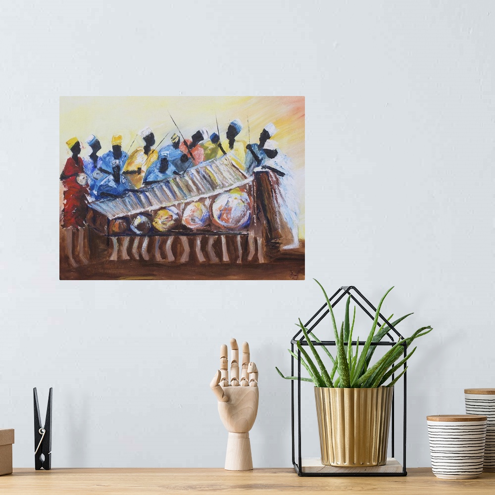 A bohemian room featuring Marking the rhythm for a xylophone melody, men stand behind beating drums. All is color and movem...