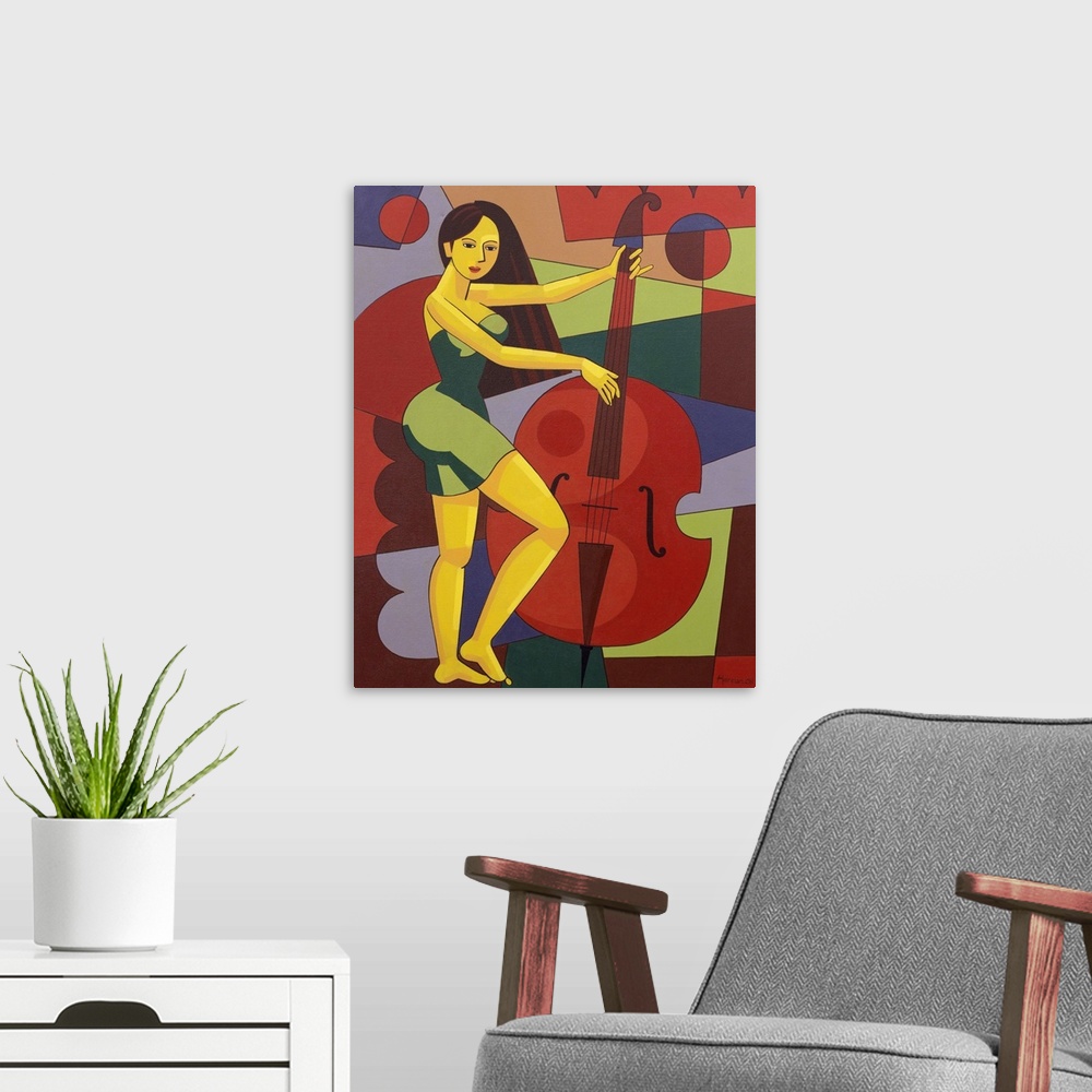 A modern room featuring Plucking the strings of her contrabass, a woman accompanies herself in an expression of song. Har...