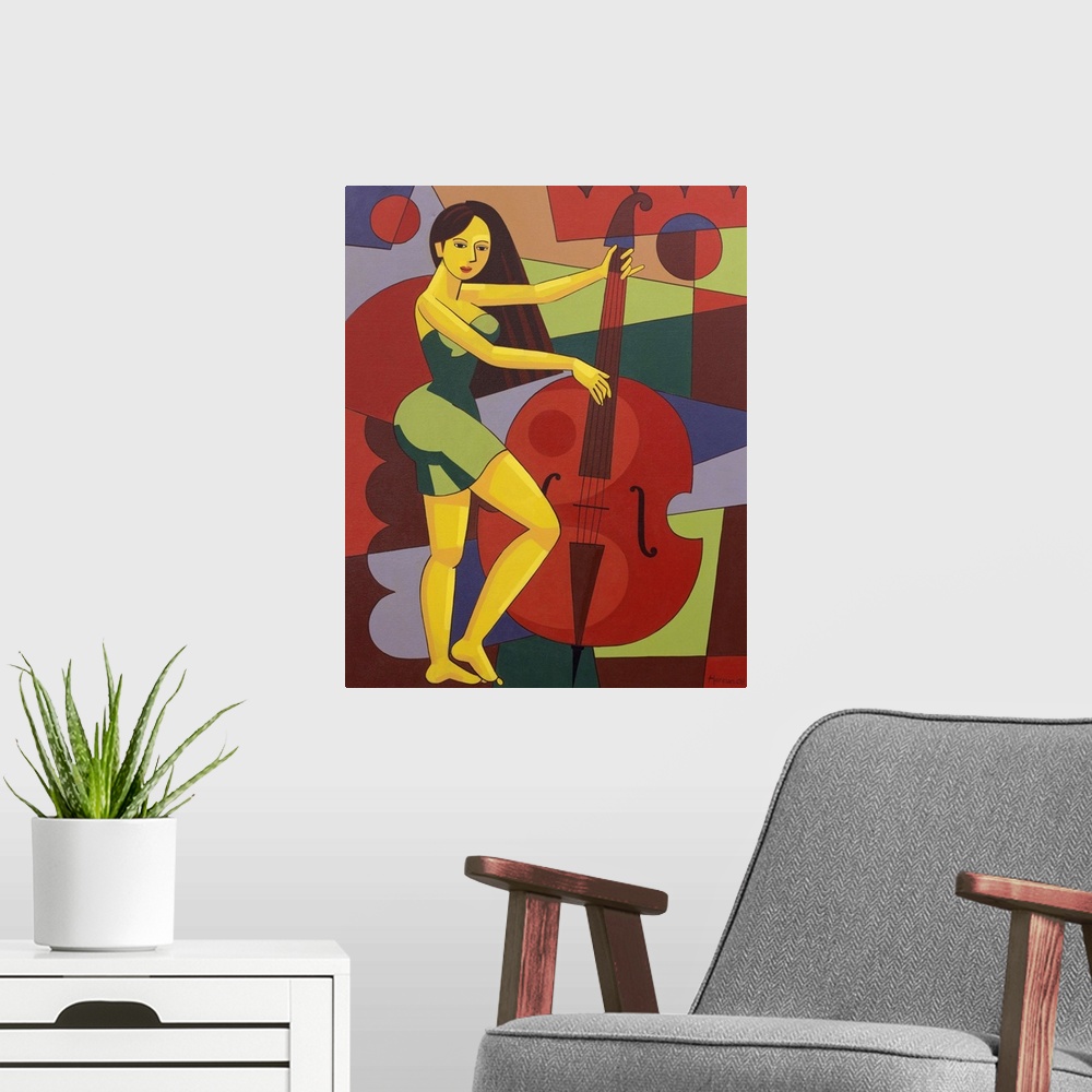 A modern room featuring Plucking the strings of her contrabass, a woman accompanies herself in an expression of song. Har...