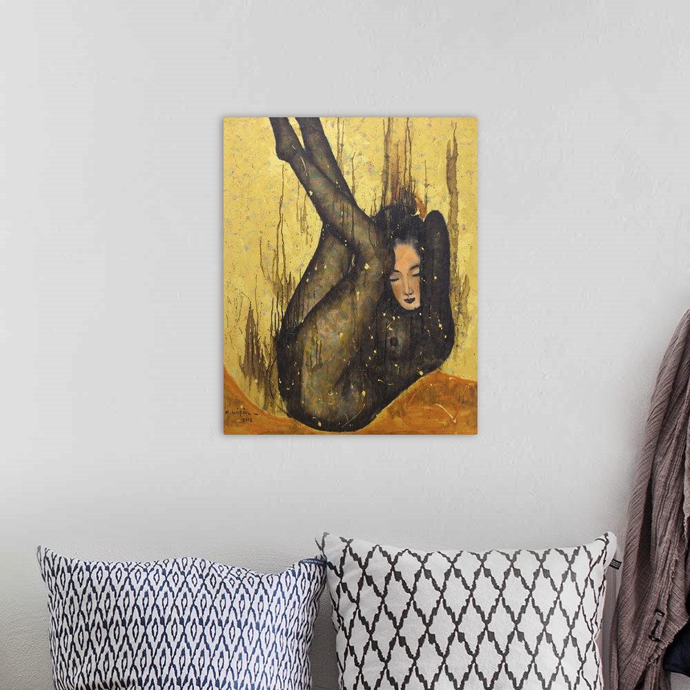 A bohemian room featuring Muhammad Arifin depicts a beautiful nude falling into a golden pool, combining warm oil colors on...