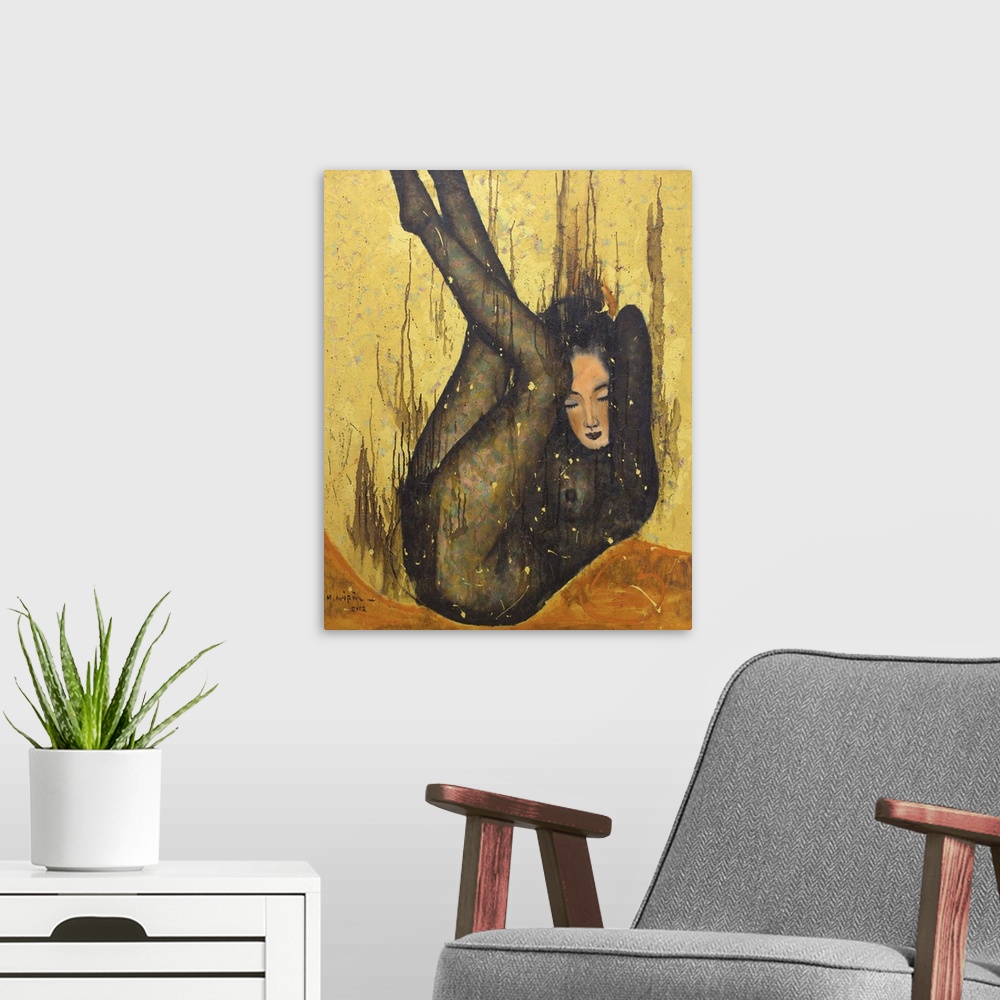 A modern room featuring Muhammad Arifin depicts a beautiful nude falling into a golden pool, combining warm oil colors on...