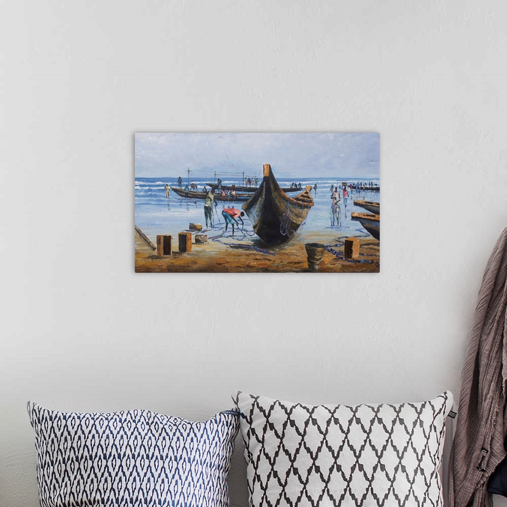 A bohemian room featuring Fishermen beach their boats on the sands. After a departure at dawn, they will sell their catch t...