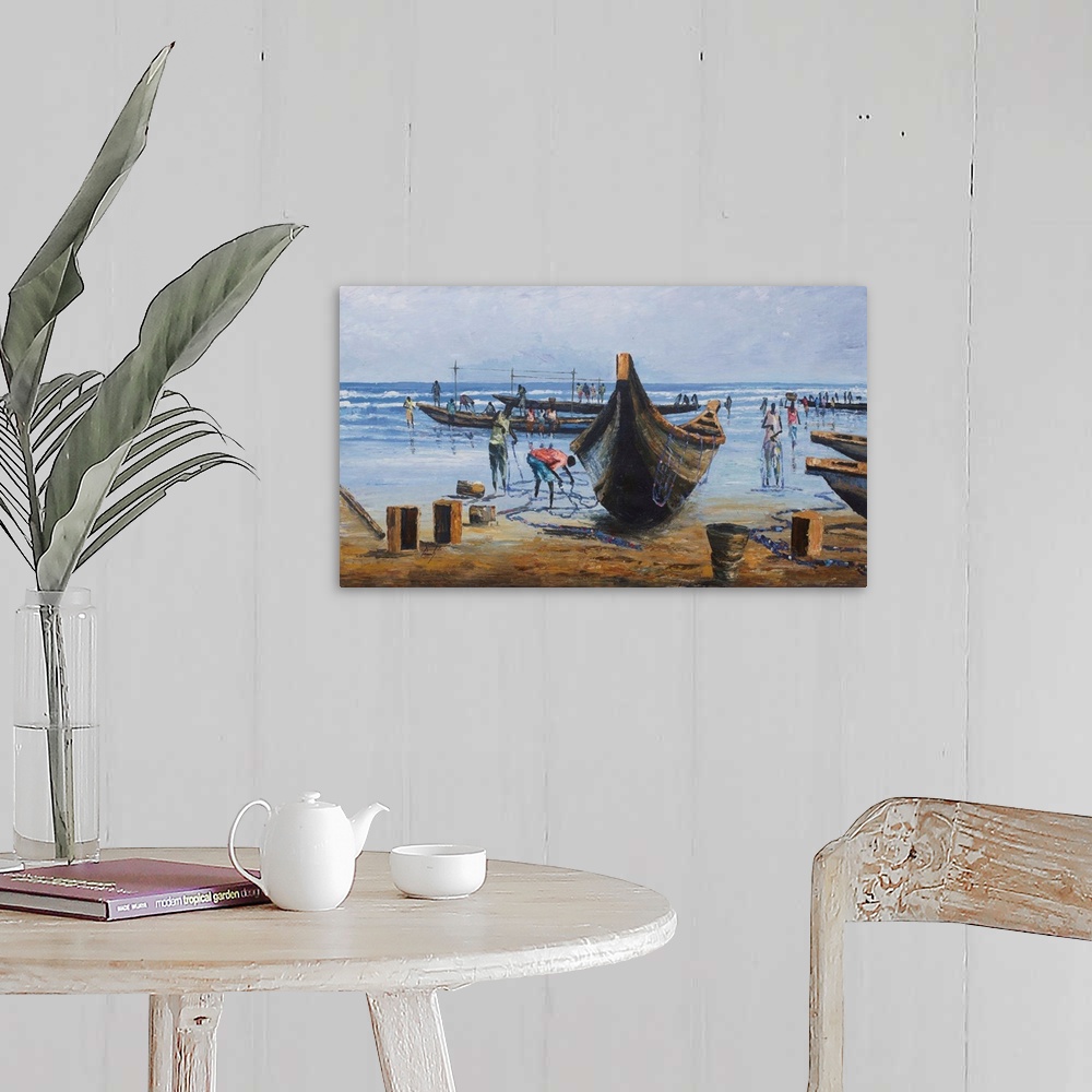 A farmhouse room featuring Fishermen beach their boats on the sands. After a departure at dawn, they will sell their catch t...