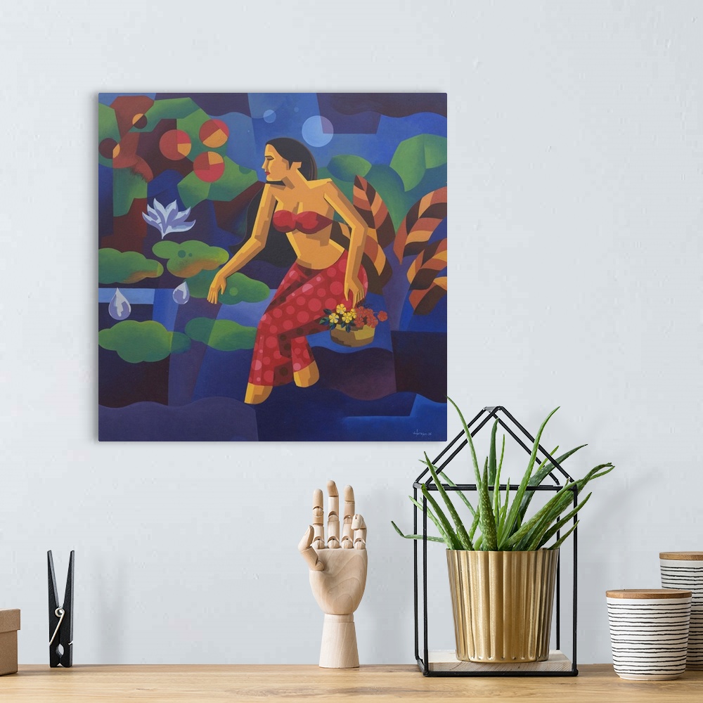 A bohemian room featuring 'As symbol of love for God and all living beings, I painted a woman in a garden near the river. H...