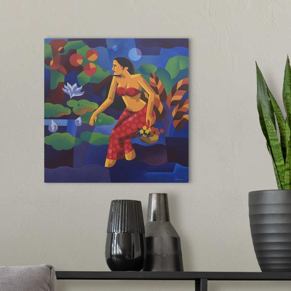 A modern room featuring 'As symbol of love for God and all living beings, I painted a woman in a garden near the river. H...