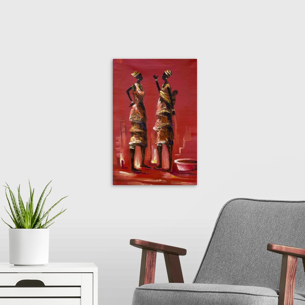A modern room featuring The sky is red at dawn as two early-rising women are already doing errands. Pausing just outside ...