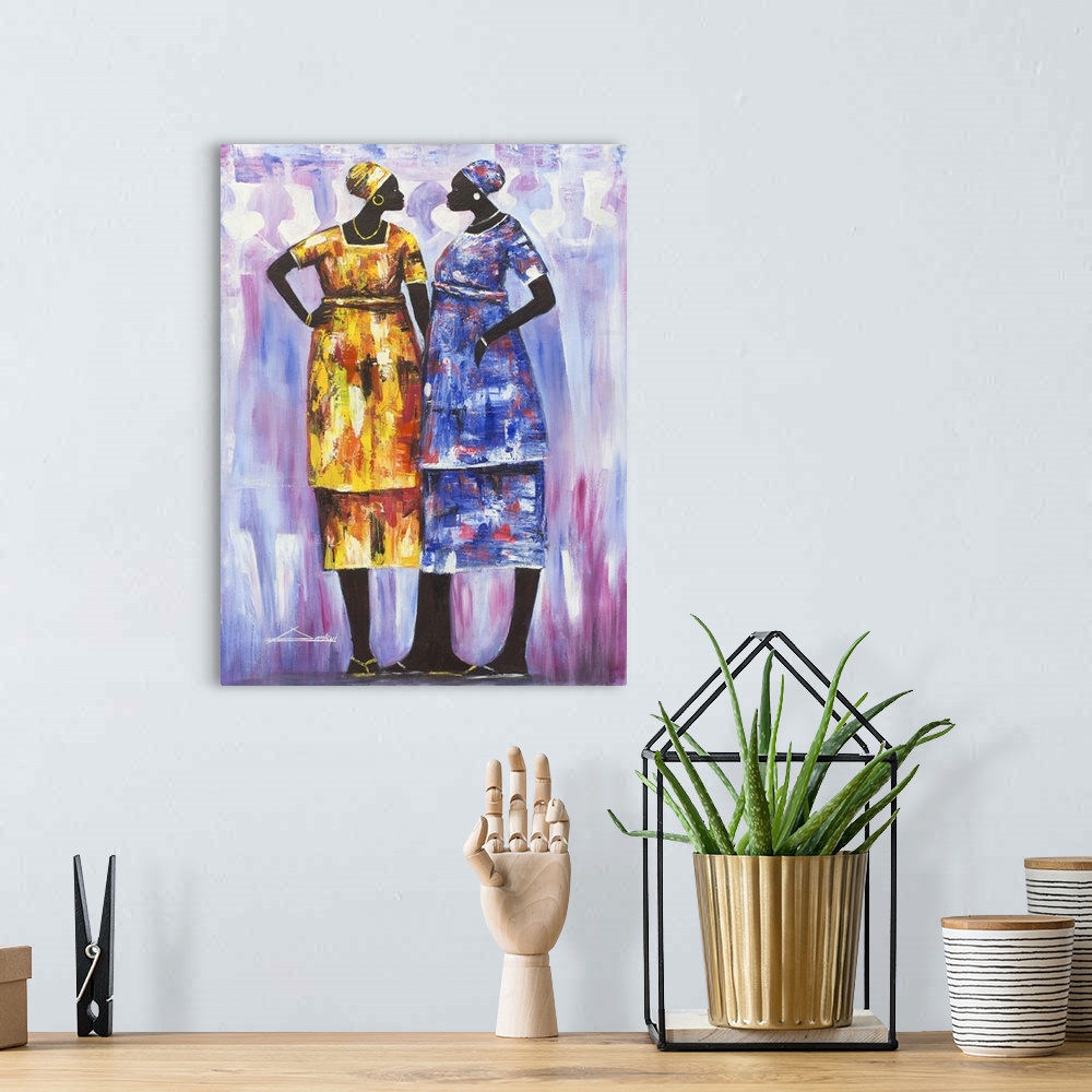 A bohemian room featuring Colorfully dressed in modern attire, two fashionable women enjoy a spirited chat. Bright Dankyi M...