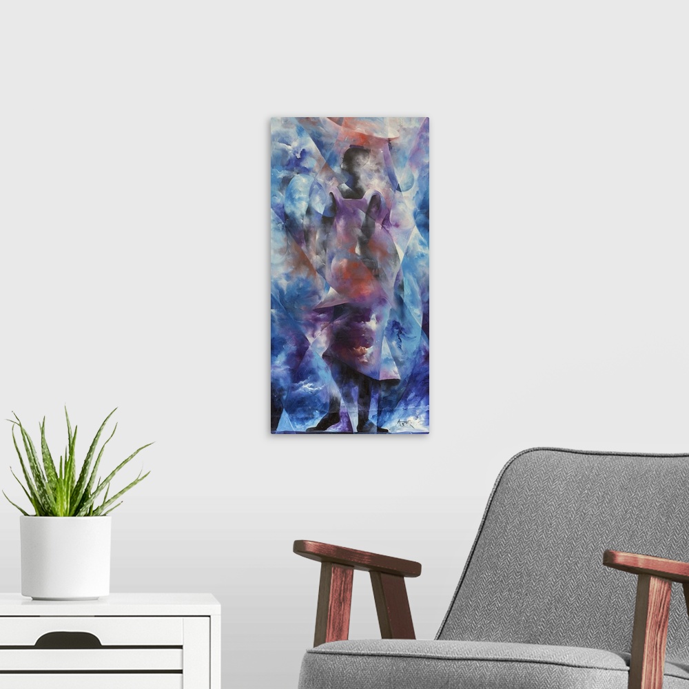 A modern room featuring Caressed by soft clouds, a woman emerges from the nebulous background to stride forward with purp...