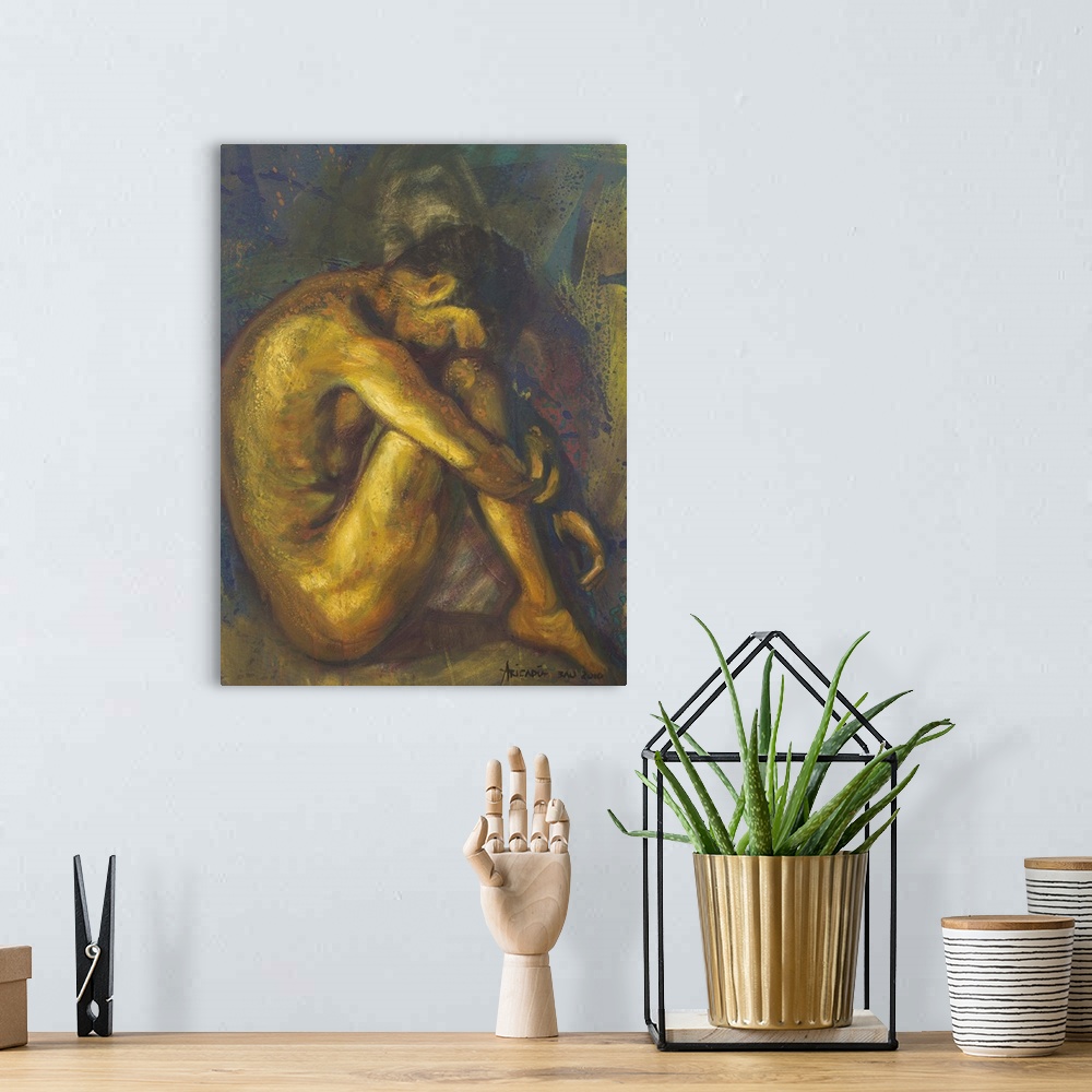 A bohemian room featuring Wrapped in his thoughts, a man's posture looks inward. Aricadia paints a beautiful figure study f...