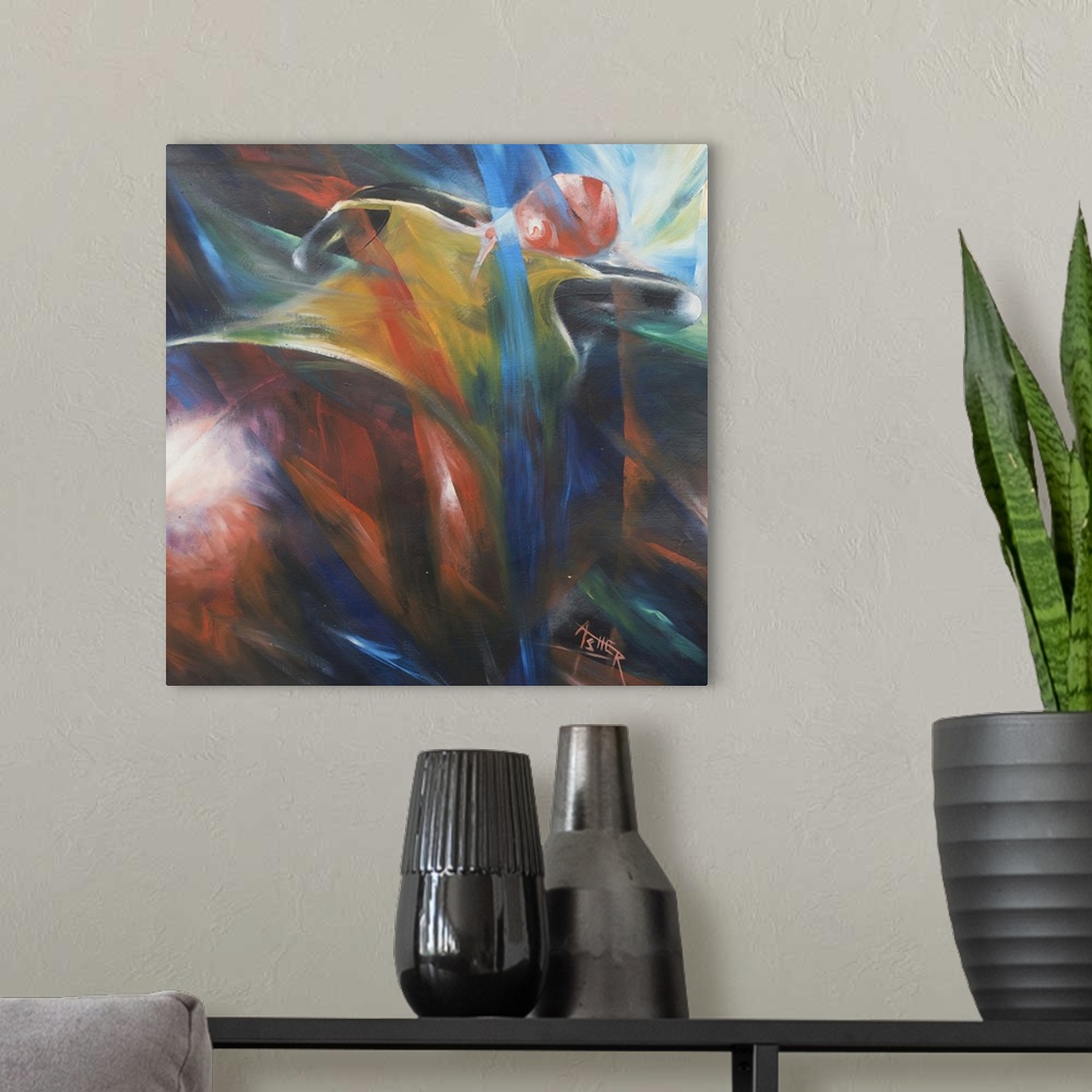 A modern room featuring A whirlwind of intense colors exudes mystical force in this oil on canvas by Prince Asher. This p...