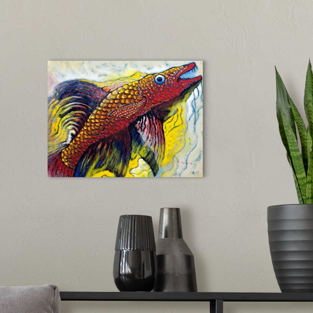 A modern room featuring A colorful fish leaps from the water, bright fins flowing gracefully in a wish for flight. A favo...