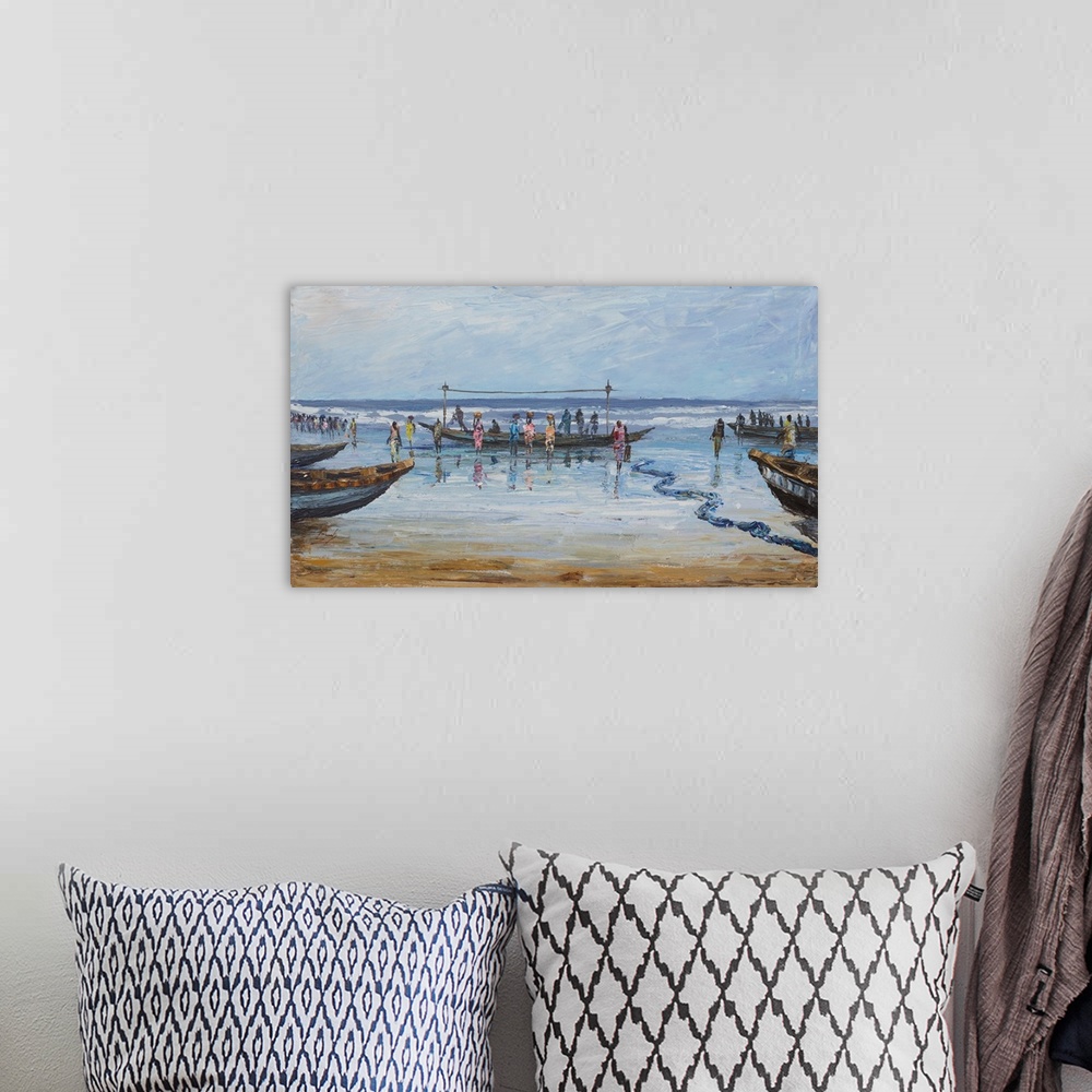 A bohemian room featuring Fishermen beach their boats on the sands of a Ghanaian beach. After a departure at dawn, they sel...