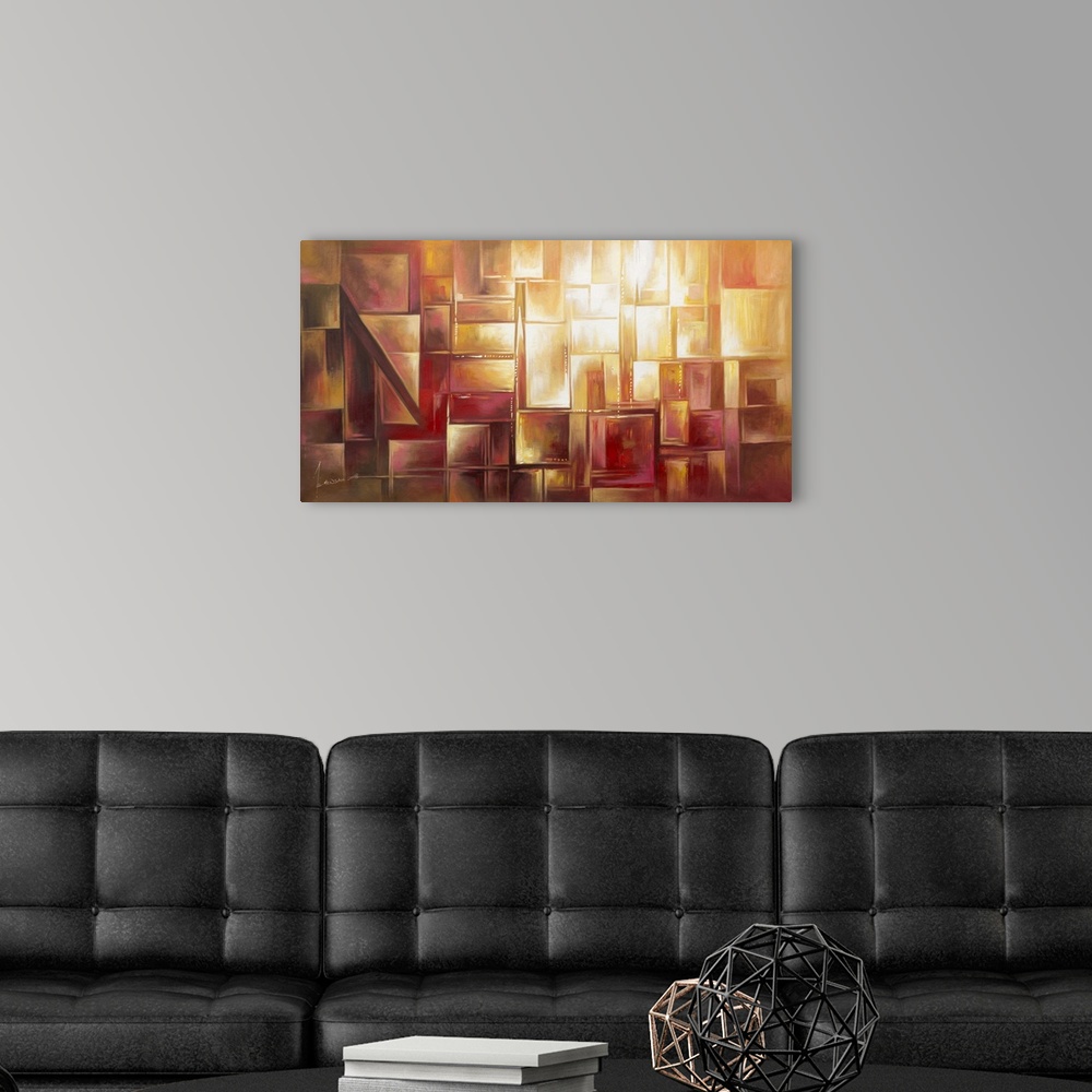 A modern room featuring Bernard Mensah selects a warm palette of acrylic colors for this abstract composition featuring l...