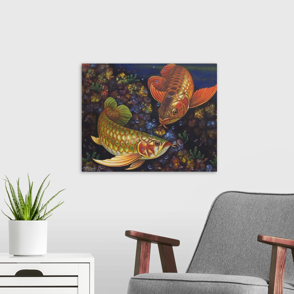 A modern room featuring Depicted in lucid color, Balinese <i>arawan,</i> or dragon fish move together, always close. They...