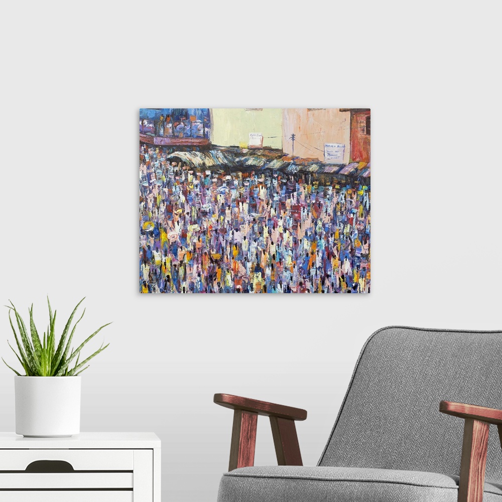 A modern room featuring This exciting canvas by Francis Amoah recreates the lively sights and scenes of the Makola market...