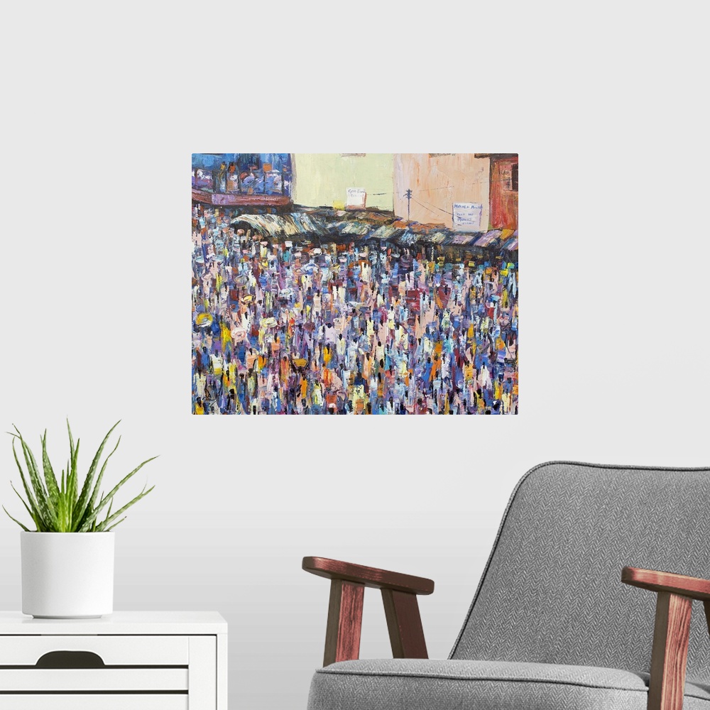 A modern room featuring This exciting canvas by Francis Amoah recreates the lively sights and scenes of the Makola market...