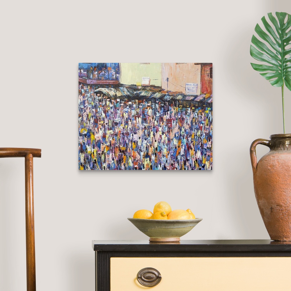 A traditional room featuring This exciting canvas by Francis Amoah recreates the lively sights and scenes of the Makola market...