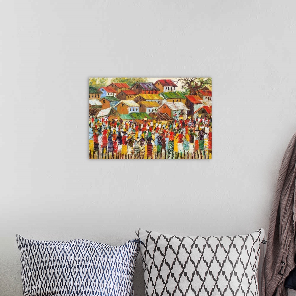 A bohemian room featuring Colorful chaos symbolizes the energy of a busy West African market. Shoppers and merchants throng...