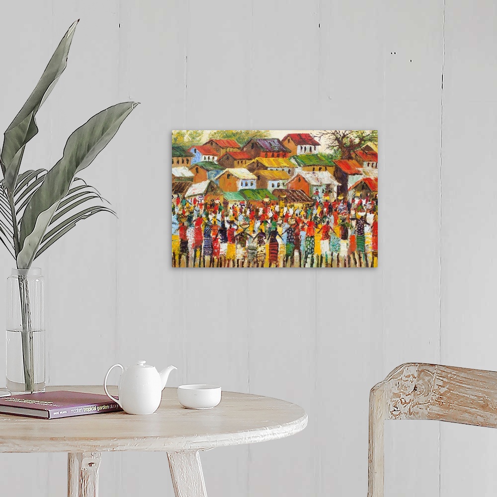 A farmhouse room featuring Colorful chaos symbolizes the energy of a busy West African market. Shoppers and merchants throng...