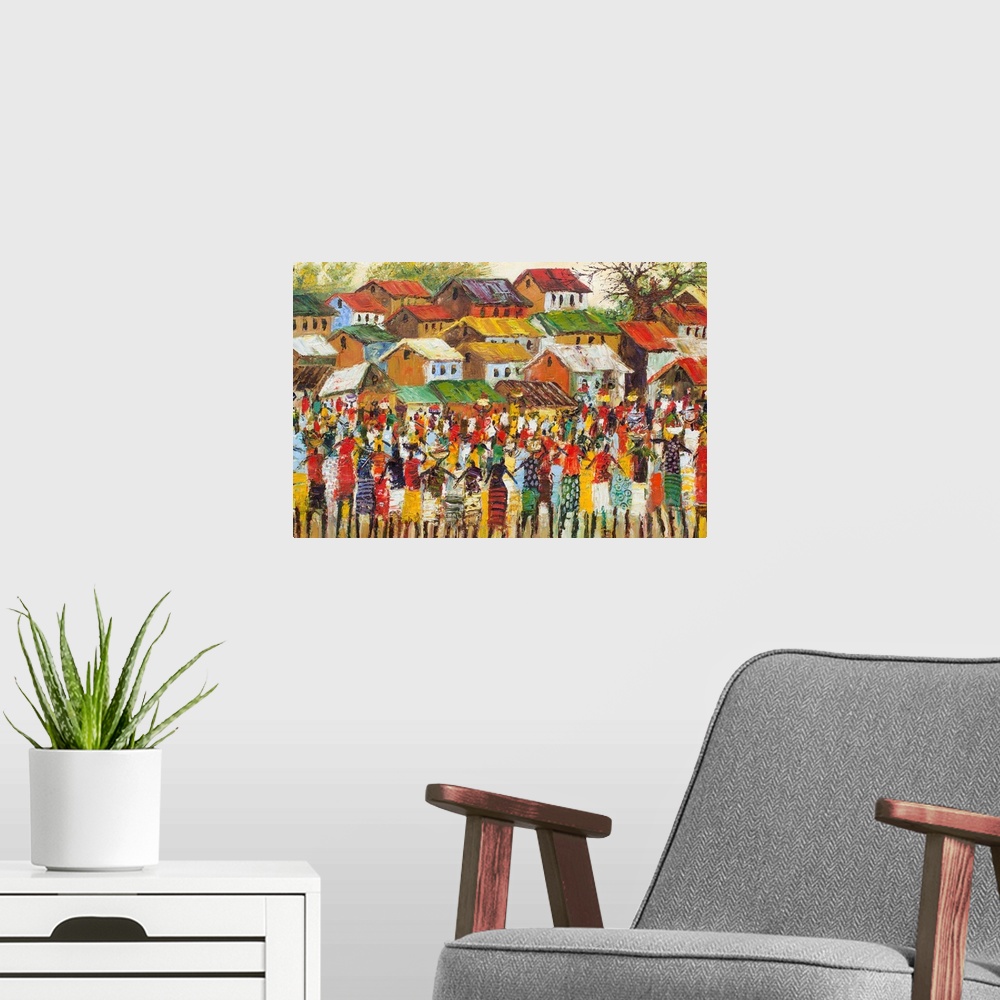A modern room featuring Colorful chaos symbolizes the energy of a busy West African market. Shoppers and merchants throng...
