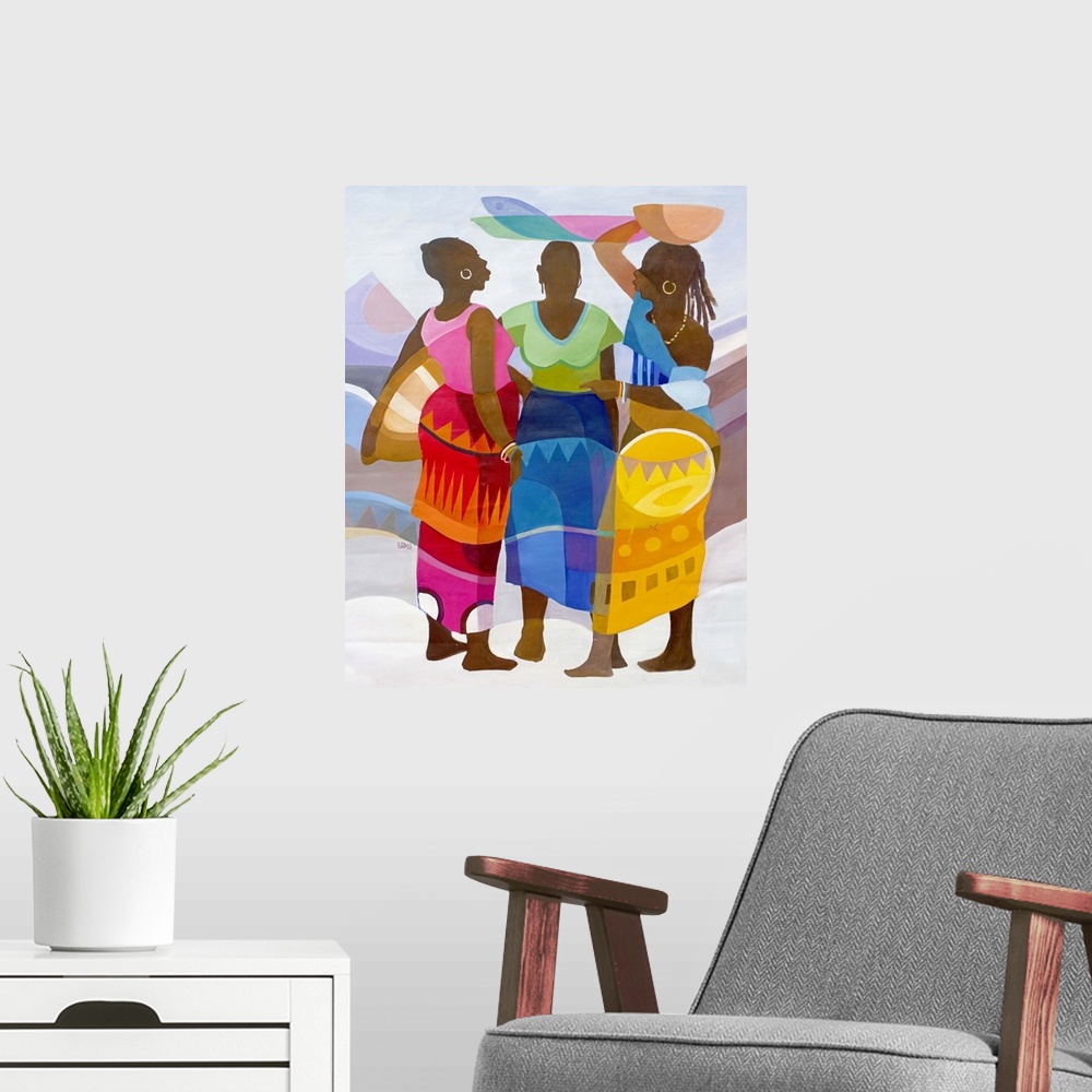 A modern room featuring Baskets on their heads, women on errands pause for a chat. Sunlight illuminates the street corner...