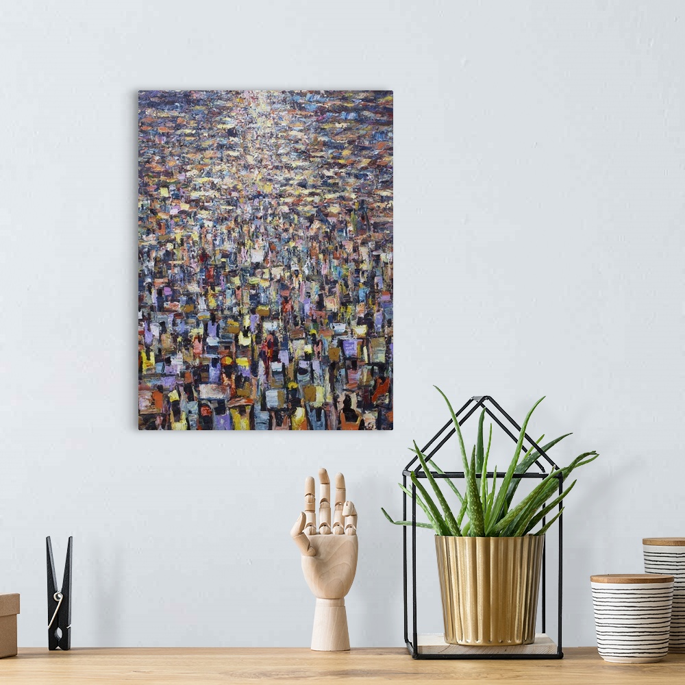 A bohemian room featuring Francis Amoah depicts a city market in West Africa, as merchants and shoppers push in throngs dow...