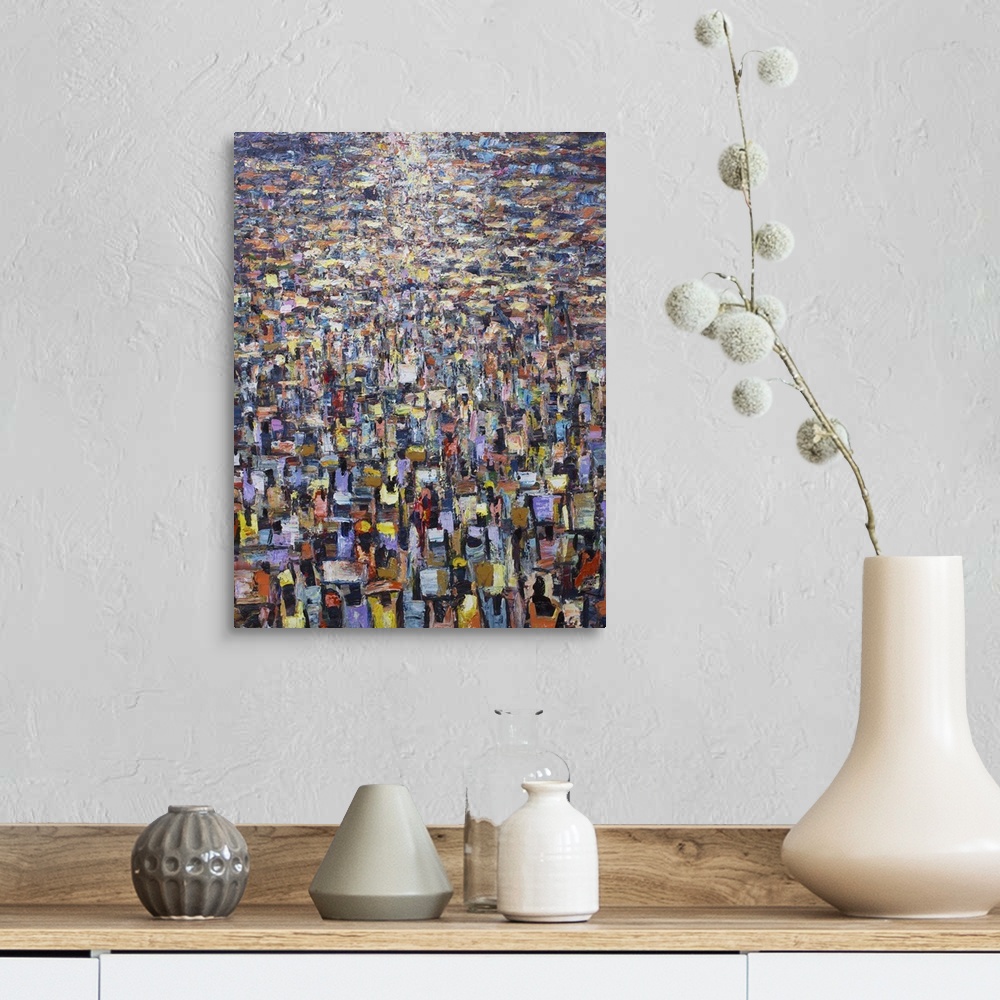 A farmhouse room featuring Francis Amoah depicts a city market in West Africa, as merchants and shoppers push in throngs dow...