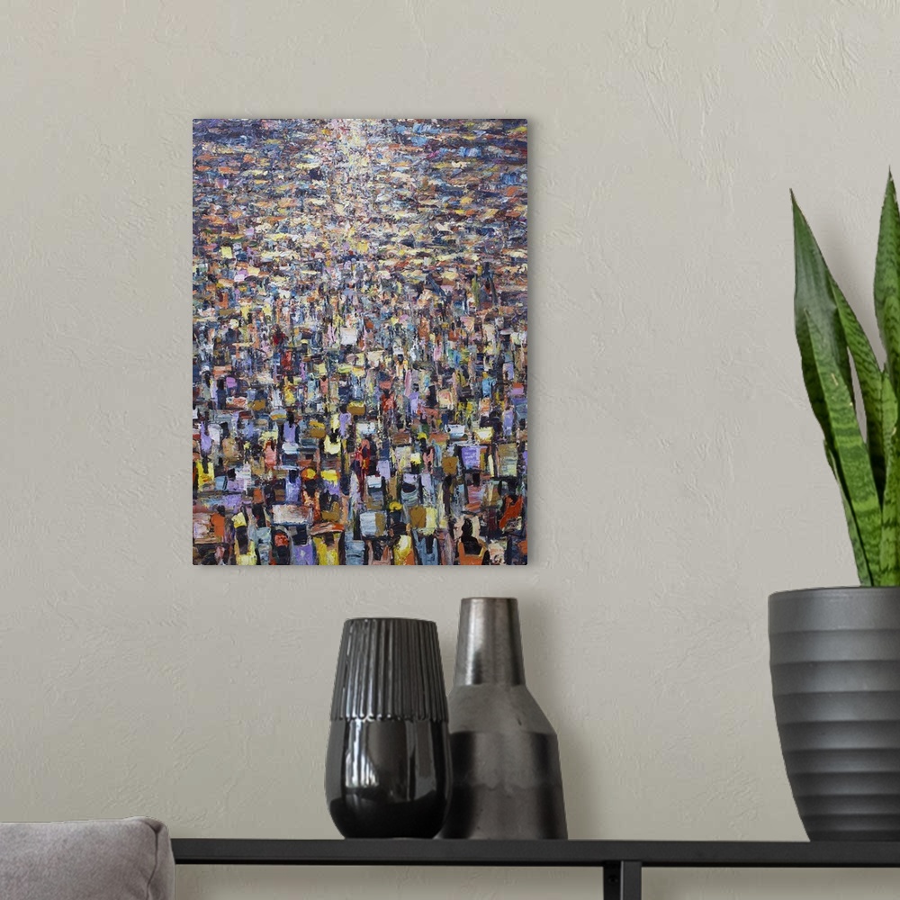 A modern room featuring Francis Amoah depicts a city market in West Africa, as merchants and shoppers push in throngs dow...