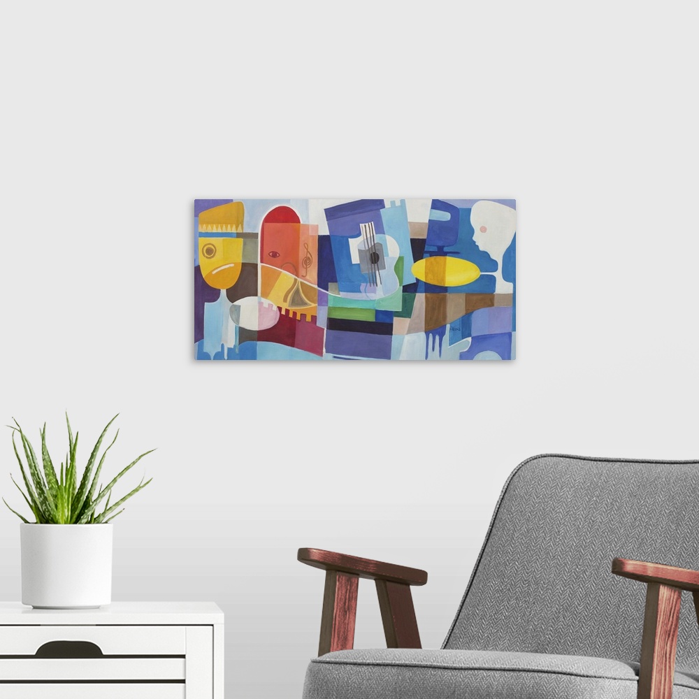 A modern room featuring Mark Buku selects a primary palette and a cubist style to explore the many kinds of music. Differ...