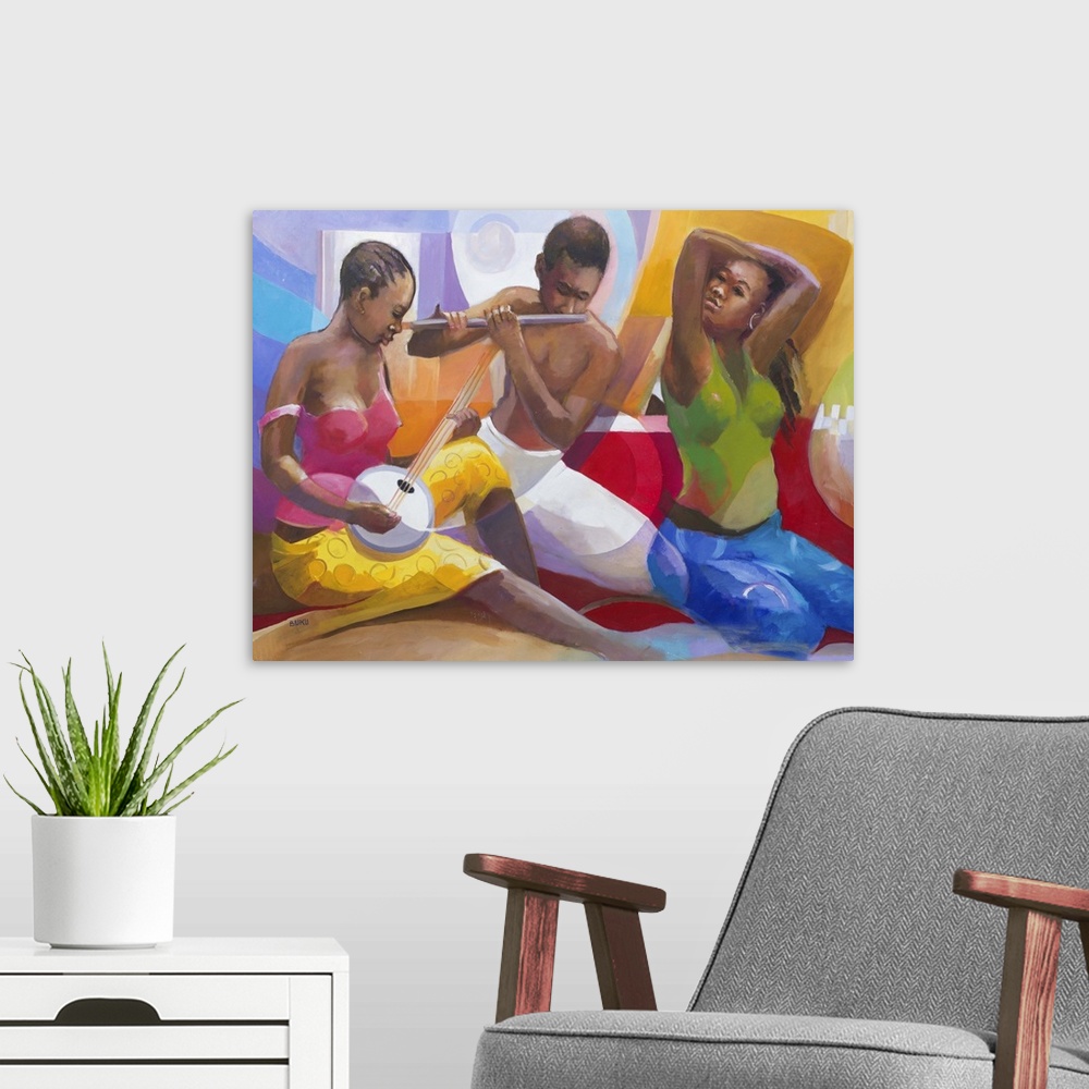 A modern room featuring Swirling shapes fill the canvas, evoking the sounds of a banjo and flute duet. Working with a pal...