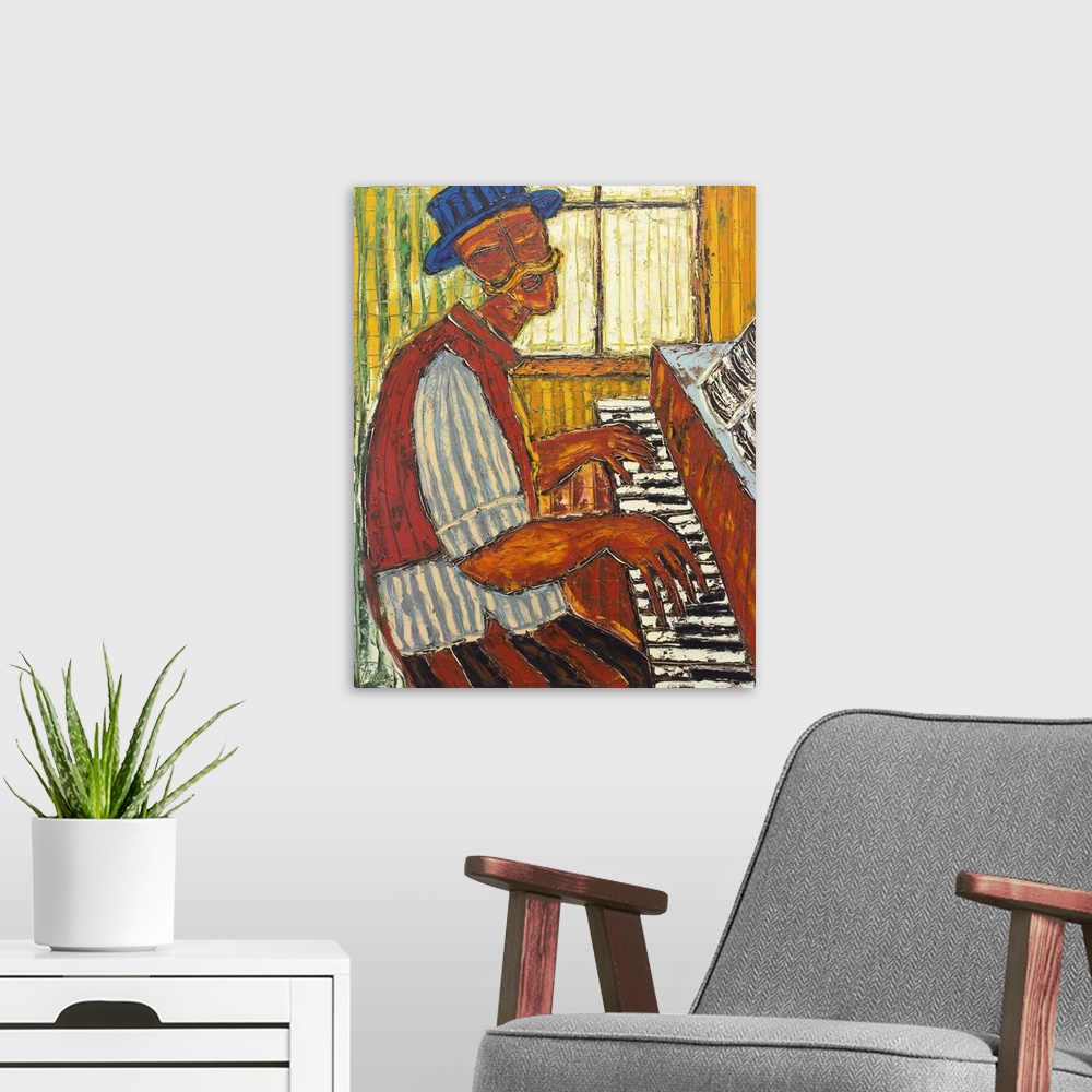 A modern room featuring Seated at the keyboard, an elderly man plays the piano and lifts his voice in song. 'This is a ma...