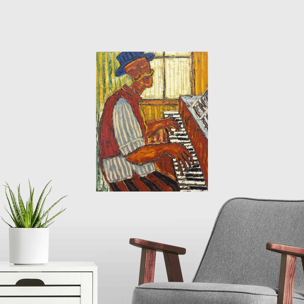 A modern room featuring Seated at the keyboard, an elderly man plays the piano and lifts his voice in song. 'This is a ma...