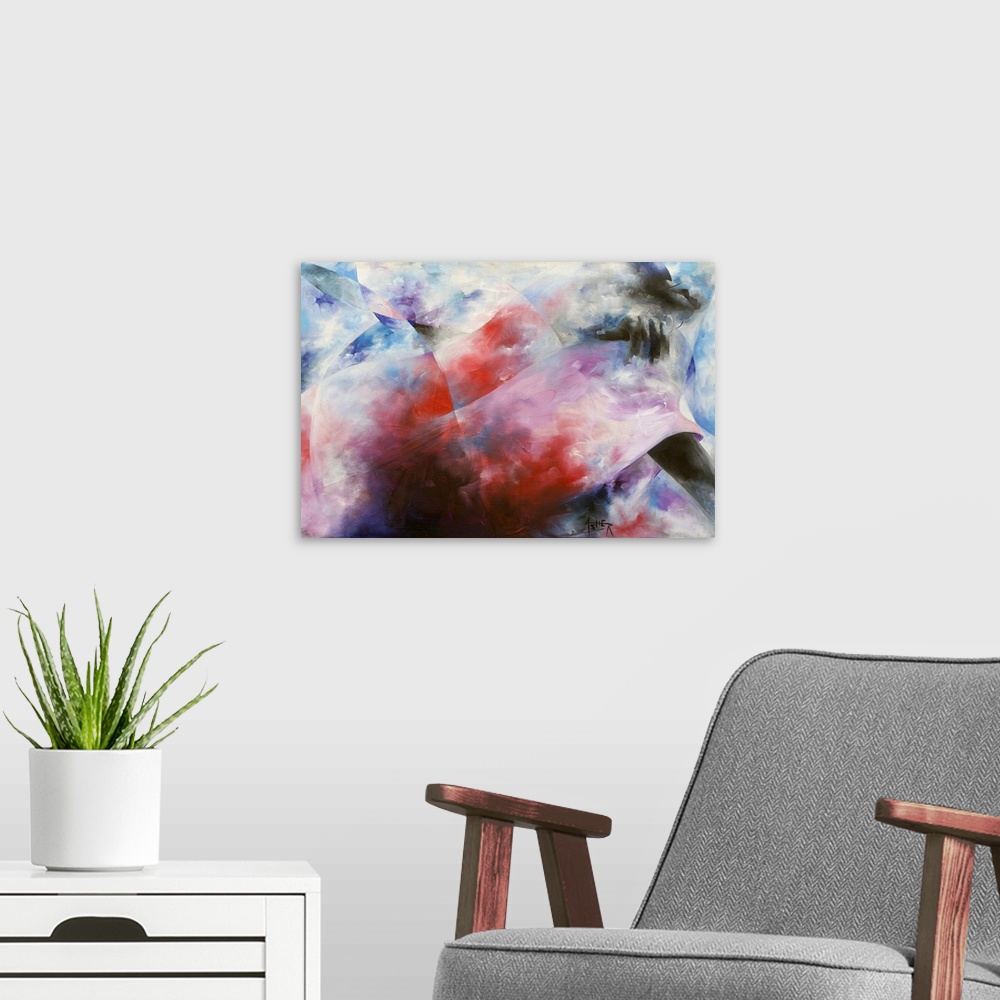 A modern room featuring Leaning forward, she gestures to unseen shoppers. Blue mist envelops the woman dressed in red, an...