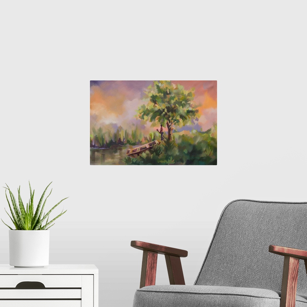 A modern room featuring Standing under a tree with an oar in his hand, a man contemplates the serenity that reigns over t...