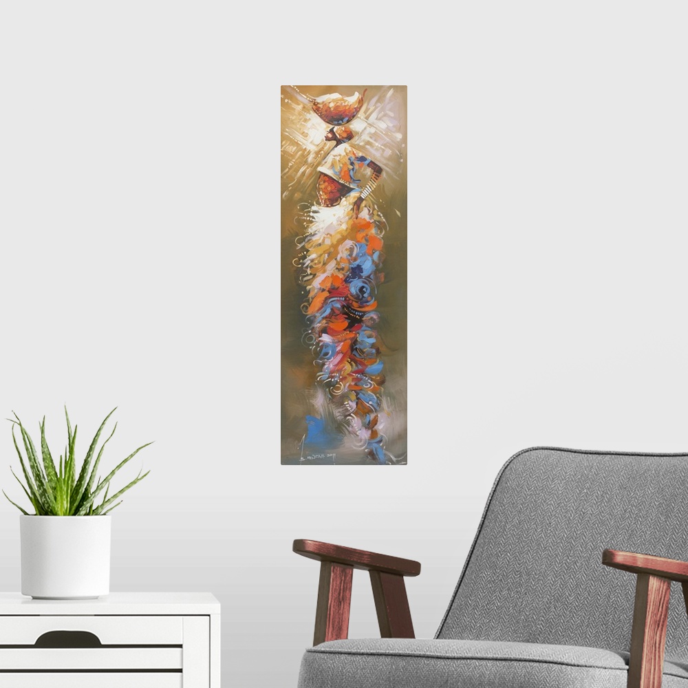 A modern room featuring Abstract line defines a slender woman, basket on her head, her body encased in colorful ruffles. ...