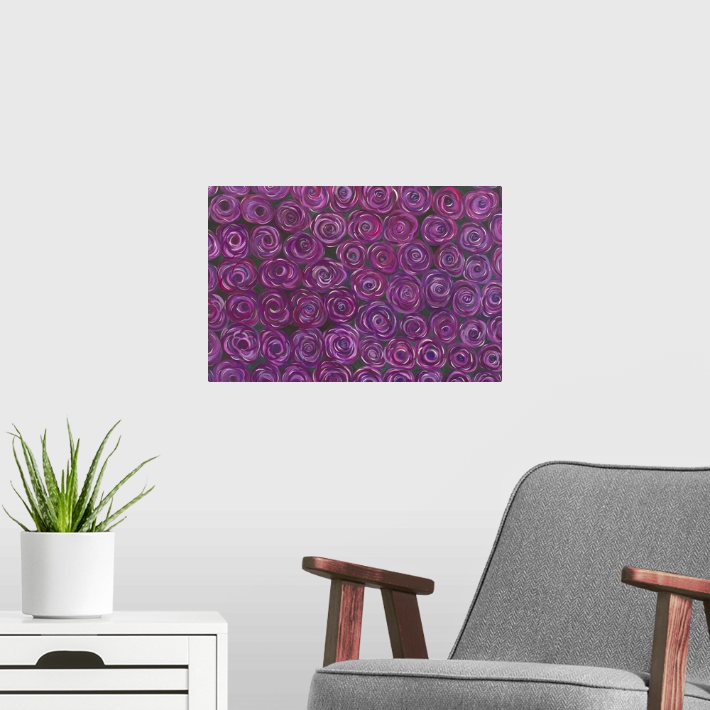 A modern room featuring Purple roses multiply, their beauty repeating itself into infinity. Quiet Guitron works in encaus...