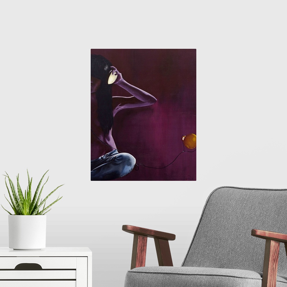 A modern room featuring There is a sense of mystique in this acrylic on canvas as Ana Rubi Panduro depicts a woman connec...