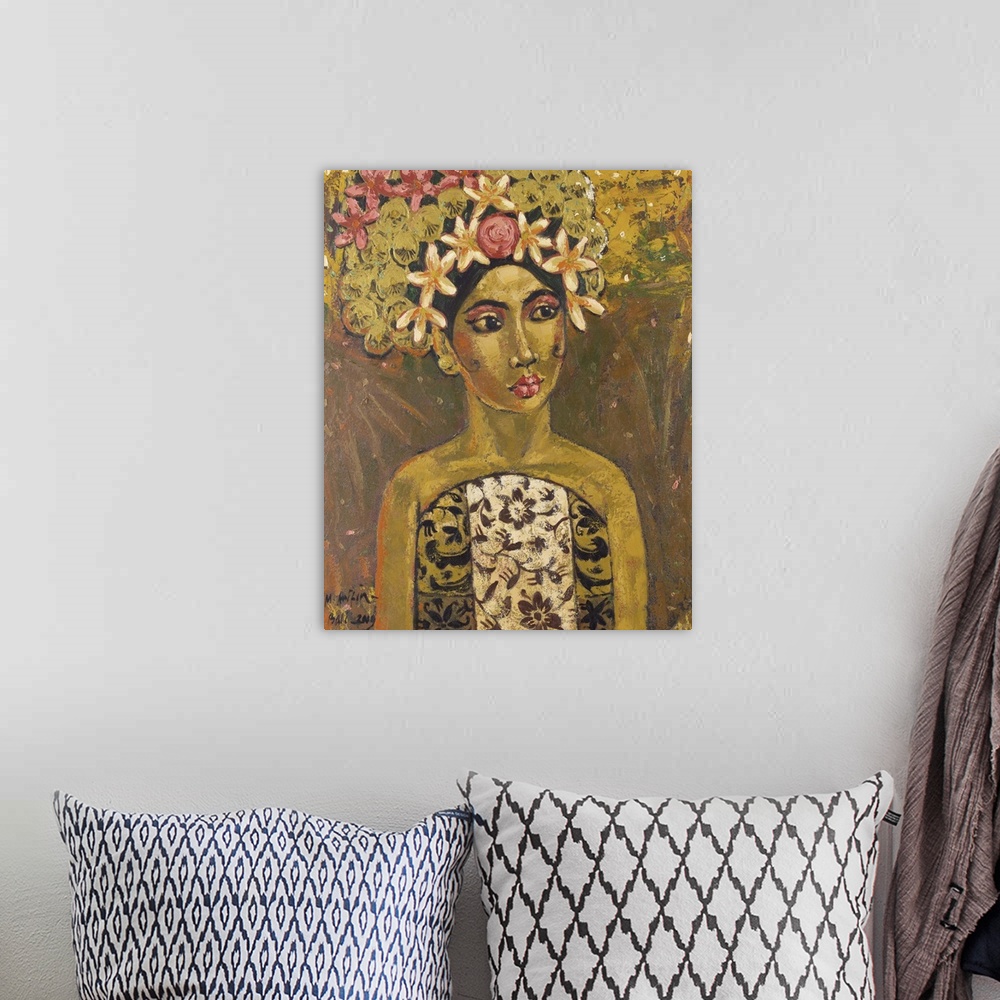 A bohemian room featuring A florid headdress frames her beautiful face in a portrait by Mohammad Arifin. Painting with acry...