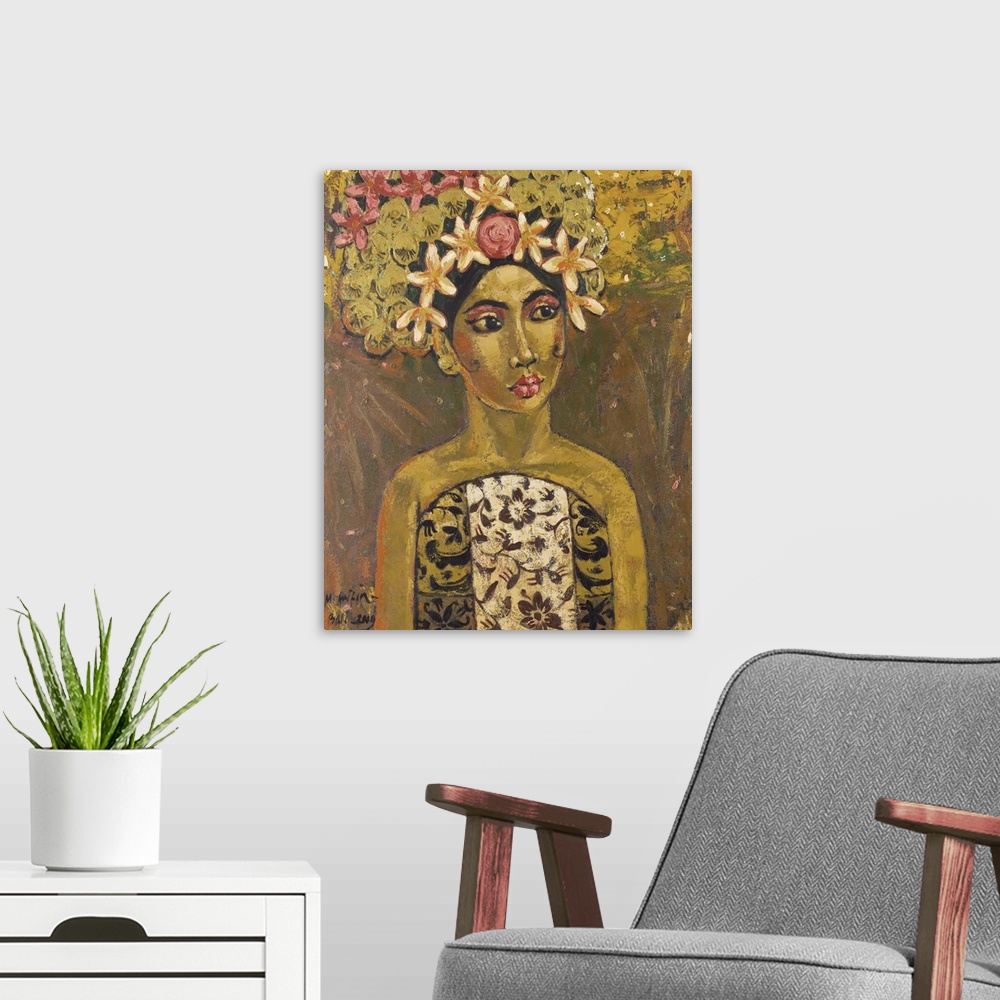 A modern room featuring A florid headdress frames her beautiful face in a portrait by Mohammad Arifin. Painting with acry...