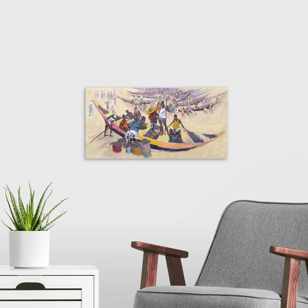A modern room featuring A call goes up, The fishermen are here! Brimming with the day's catch, canoes are pulled up onto ...