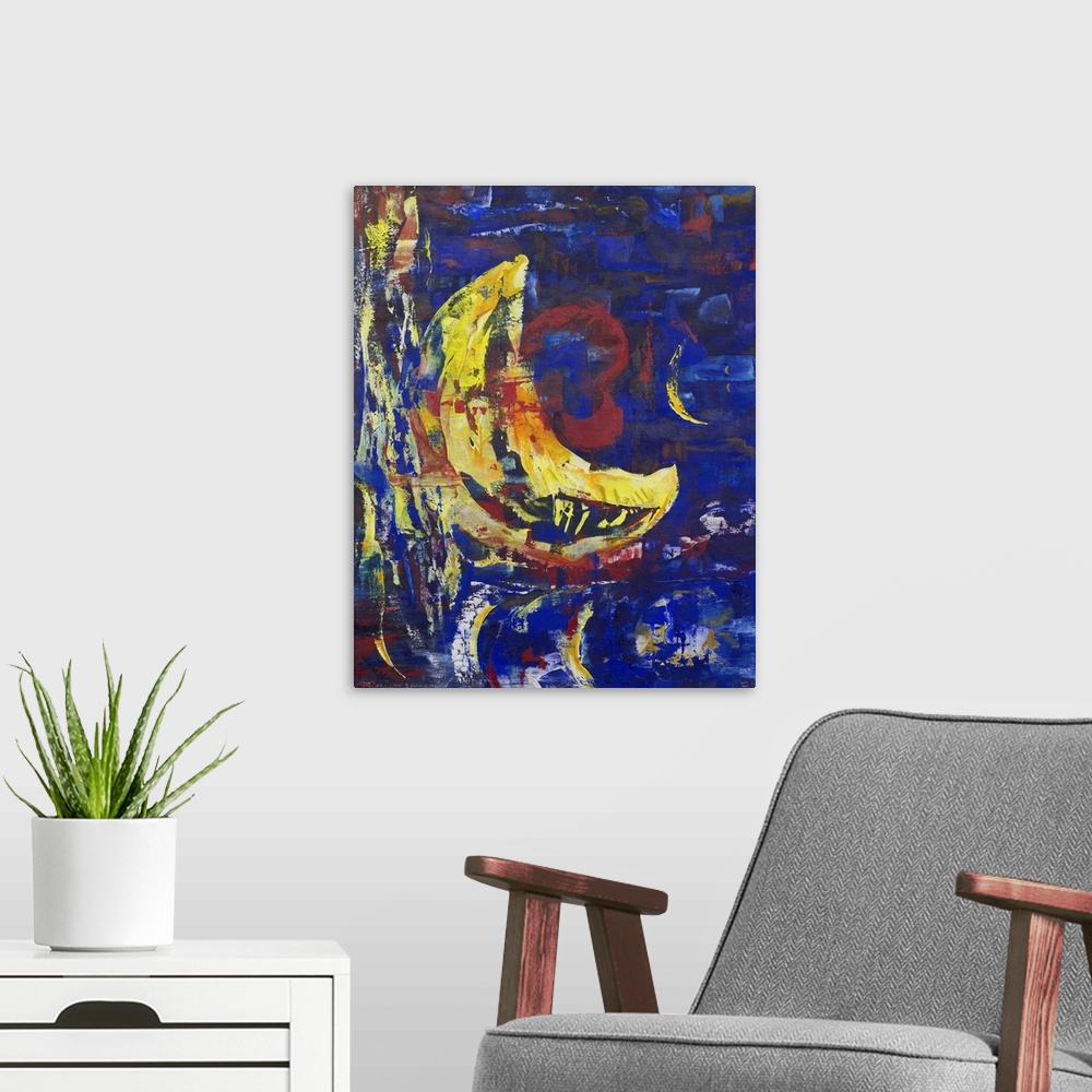 A modern room featuring A member of Callinart Artists, Laura Madrigal depicts the waning moon. The surrounding sky is a m...