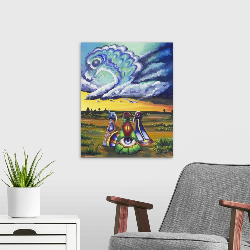 A modern room featuring Seated together on an open plain, three mysterious bird-like creatures confer. Roiling clouds abo...