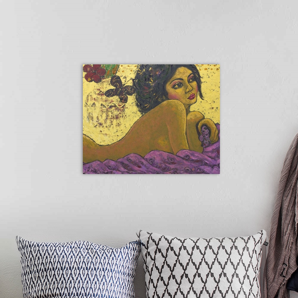 A bohemian room featuring Reclining amid purple silk, a beautiful woman's thoughts are far away. Her gaze seems wistful and...