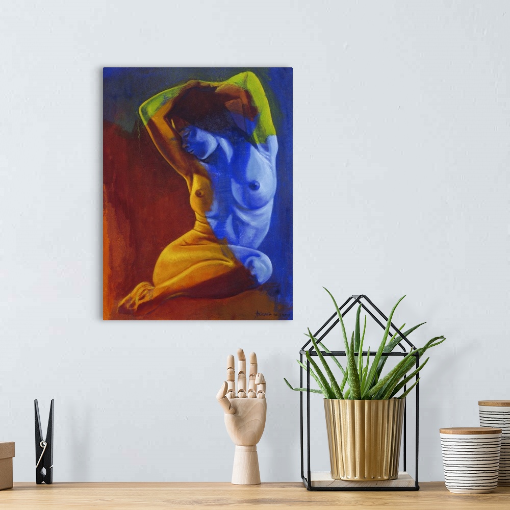 A bohemian room featuring Primary hues wash across a beautiful young nude who is unaware of the artist's gaze. Thoughtfully...